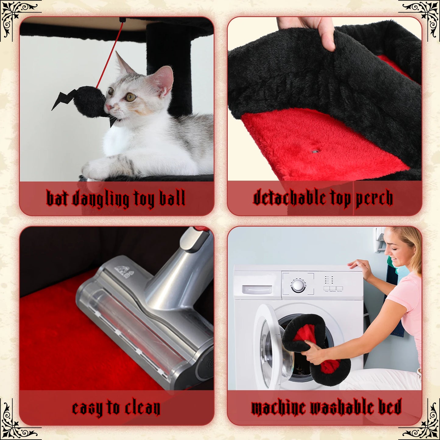 Gothic Cat Tree for Indoor Cats, Tall Cat Tower with Super Large Hammock, Sisal Covered Scratching Post Cozy Condo Top Perch