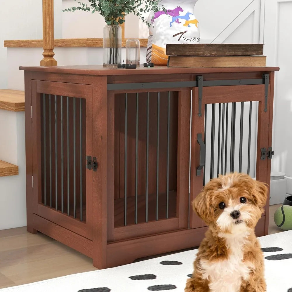 Solid Wood Dog Crate - Farmhouse Style Indoor Kennel for Small Dogs with Dual Door Access