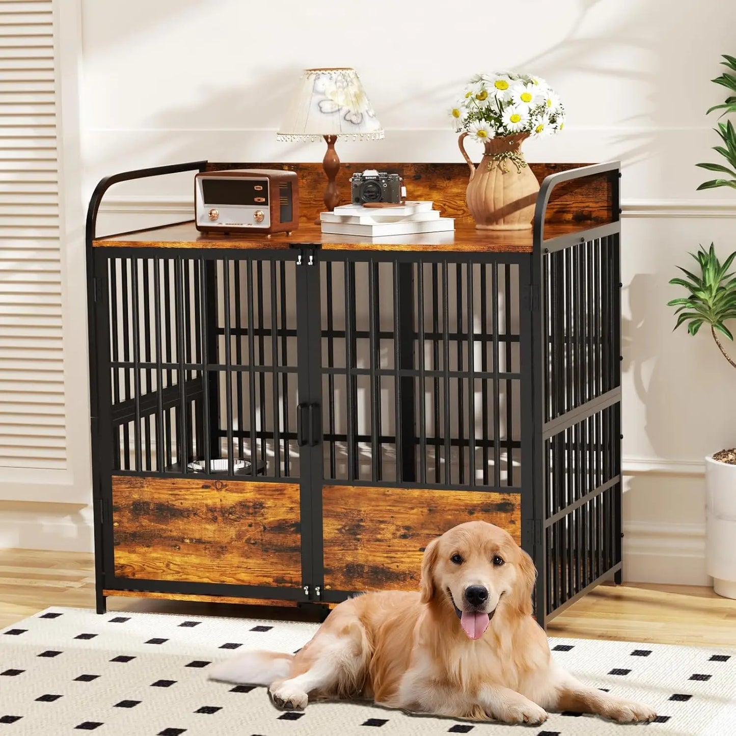 61'' Double Dog Cage Furniture for 2 Dogs, TV Stand Dog Kennel , Heavy Duty Double Dog Crate Furniture Indoor with 4 Bowls,