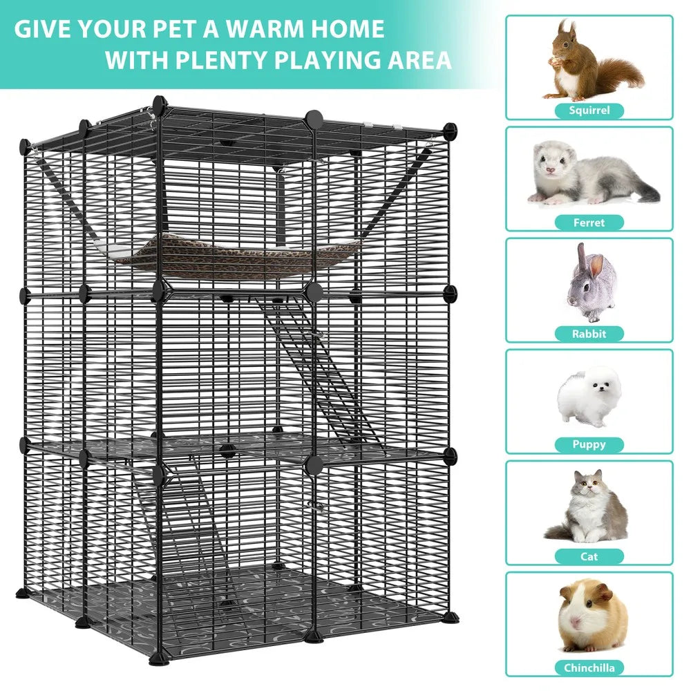 3-Tiers Cat Cage Enclosure Metal Wire Cat Kennel Playpen w/ Hammock for 1-2 Cats