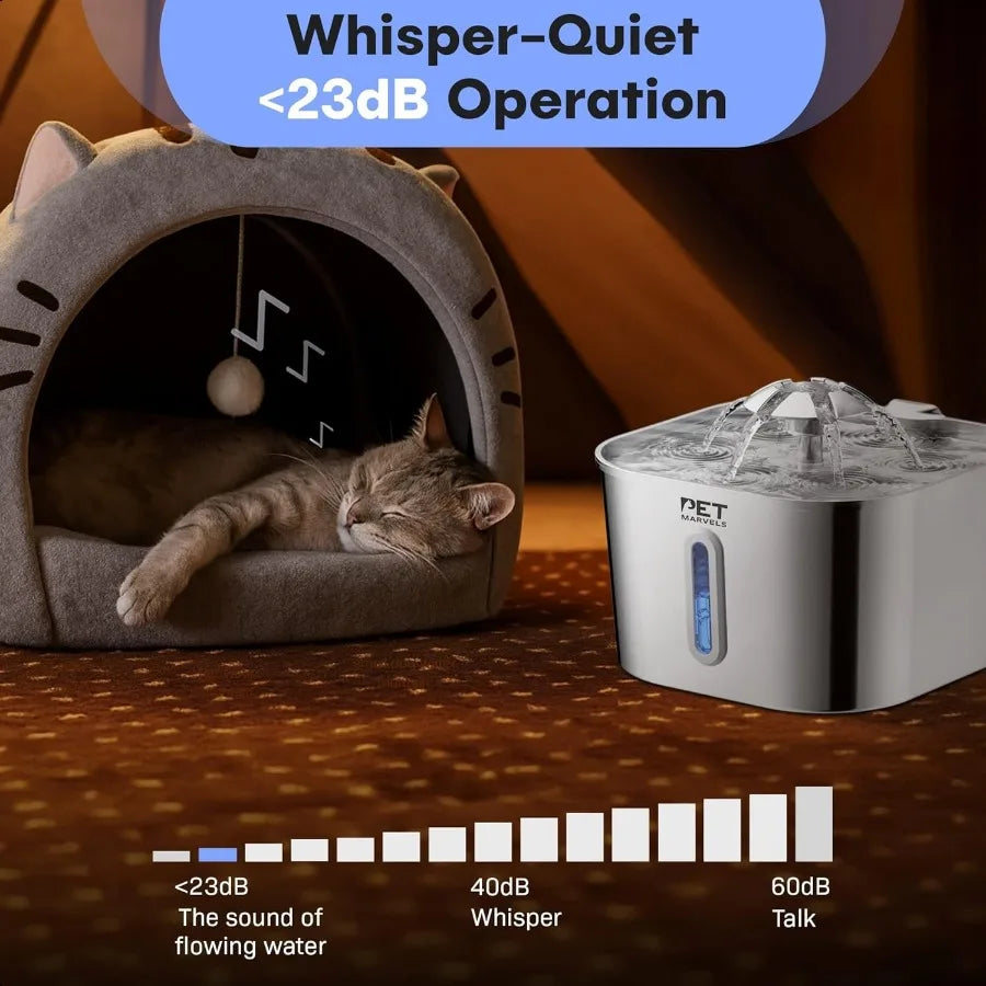 Stainl Steel Cat Water Fountain 2.2L 74oz UltraQuiet Pump Visible Water Level Dual Flow Modes Automatic Pet Water Dispenser for