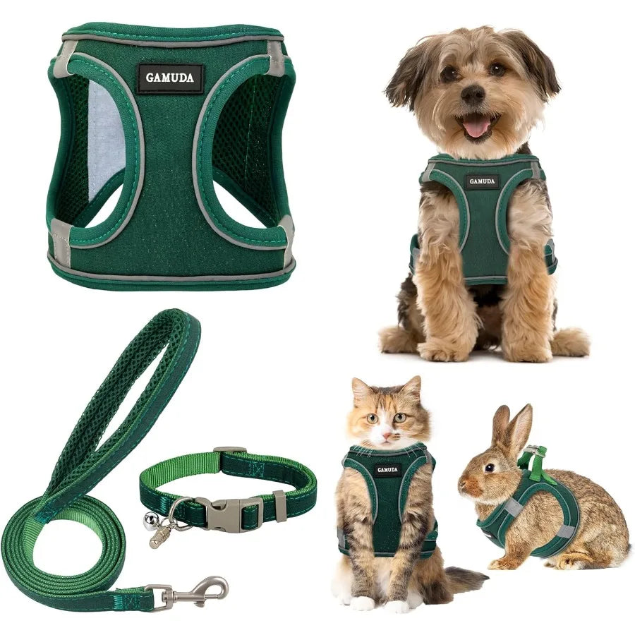 Small Pet Harness Collar and Leash Set for Dogs Puppy Cats Kitten Rabbit in Green Size S with Soft Mesh Linen Fabric Reflective