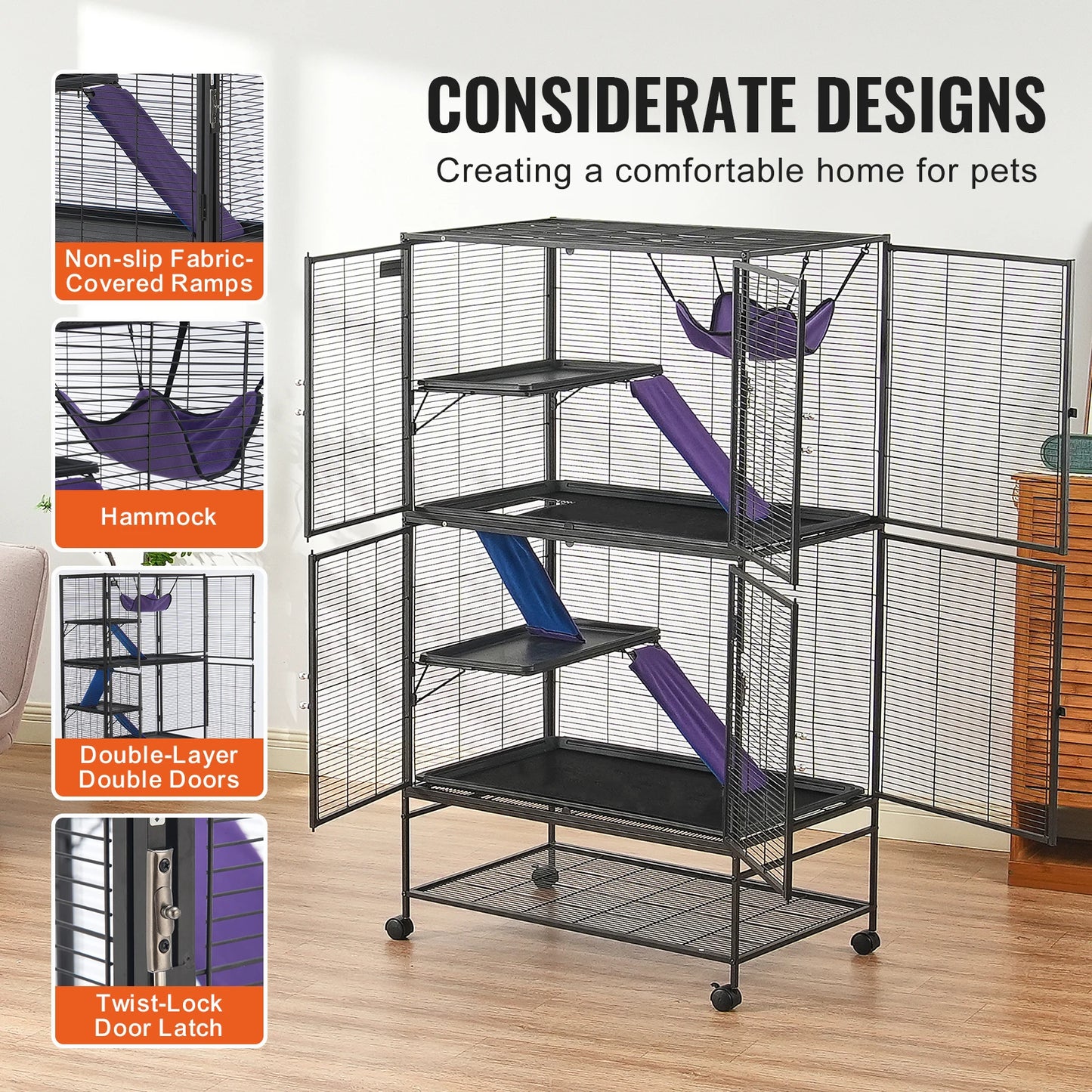 VEVOR Rolling Metal Ferret Cage 4-Tier Small Animal Cage