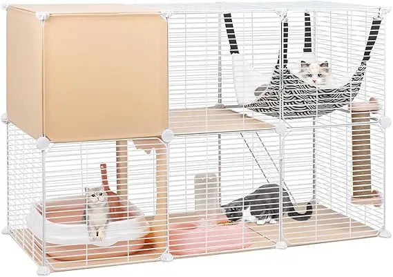 2-Tier Cat Cages Indoor, DIY Metal Wire Cat Kennel Enclosure Pet Home Small Animal House Detachable Cat Crate Indoor Catio with