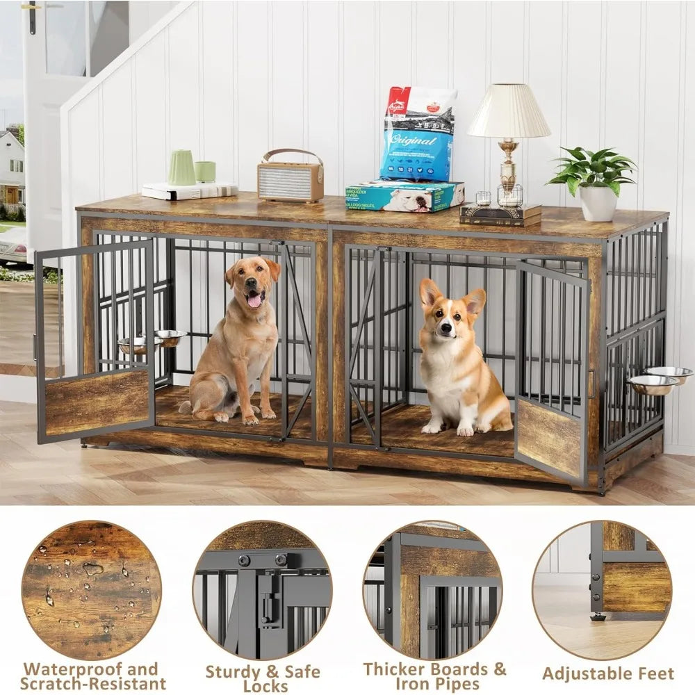 61'' Double Dog Cage Furniture for 2 Dogs, TV Stand Dog Kennel , Heavy Duty Double Dog Crate Furniture Indoor with 4 Bowls,