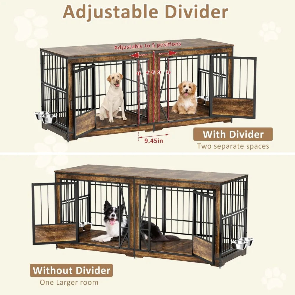 61'' Double Dog Cage Furniture for 2 Dogs, TV Stand Dog Kennel , Heavy Duty Double Dog Crate Furniture Indoor with 4 Bowls,