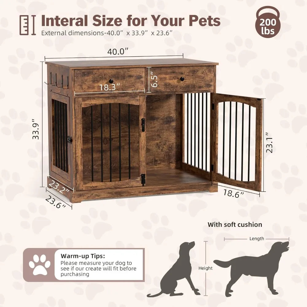 40 Inch Furniture-Style Dog Crate-Multipurpose Wood Pet Crate Furniture with Double Doors,2 Drawers, Decorative Dog House Indoor