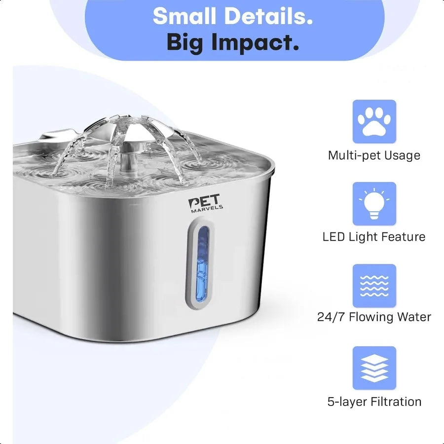Stainl Steel Cat Water Fountain 2.2L 74oz UltraQuiet Pump Visible Water Level Dual Flow Modes Automatic Pet Water Dispenser for