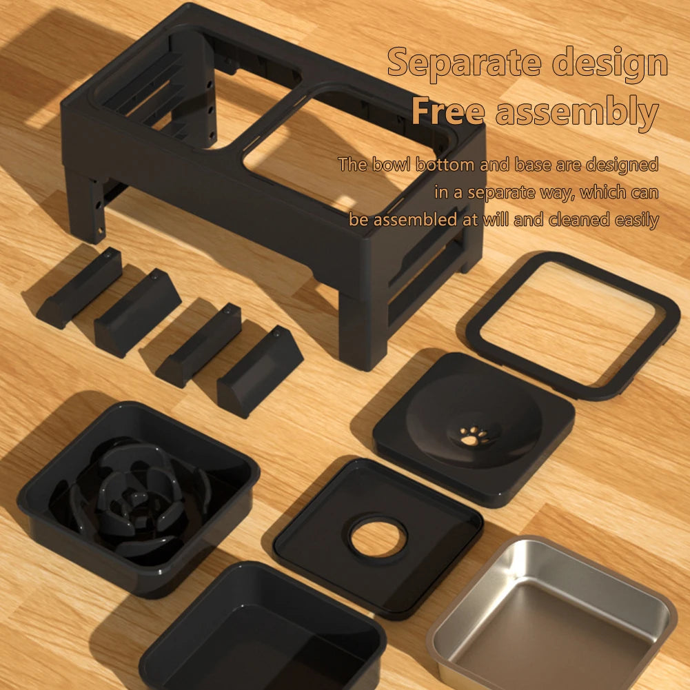 Elevated Dog Food Slow Feeder 4 Adjustable Heights Raised Dog Bowl Stand with Stainless Steel Bowls Anti Slip Dog Water Bowl