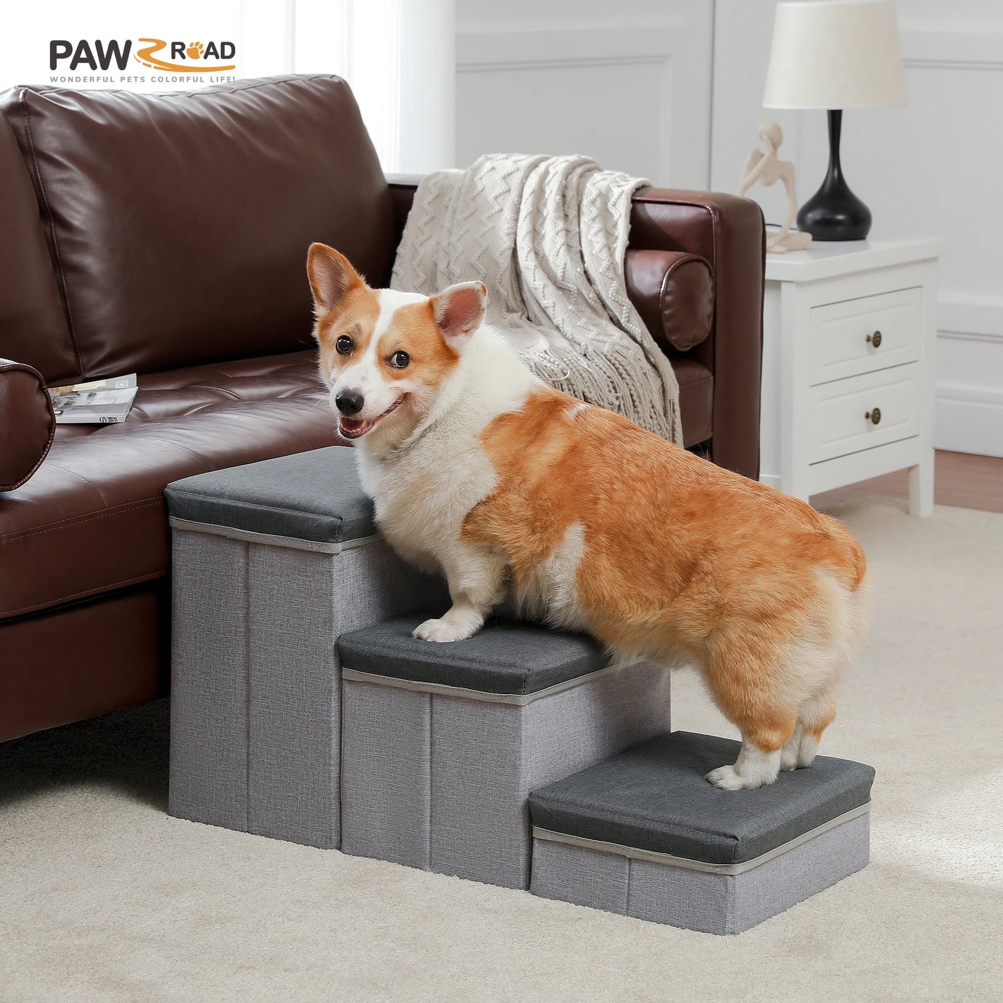 3-Tier Dog Stairs Foldable Pet Stair with Storage Box Adjustable Height Dog Steps for Small Old Dog Cat Non-Slip Pet Ramp Indoor
