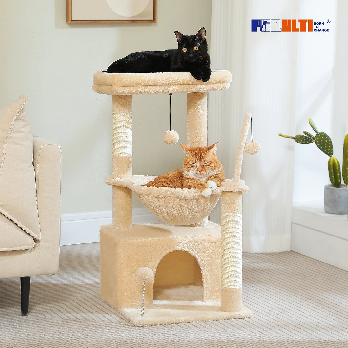 4-in-1 Cat Tree with Large Cat Condo, Sisal Scratching Post, Deep Hammock, Cozy Top Perch, Small Cat Tower for Indoor, Cat Toys
