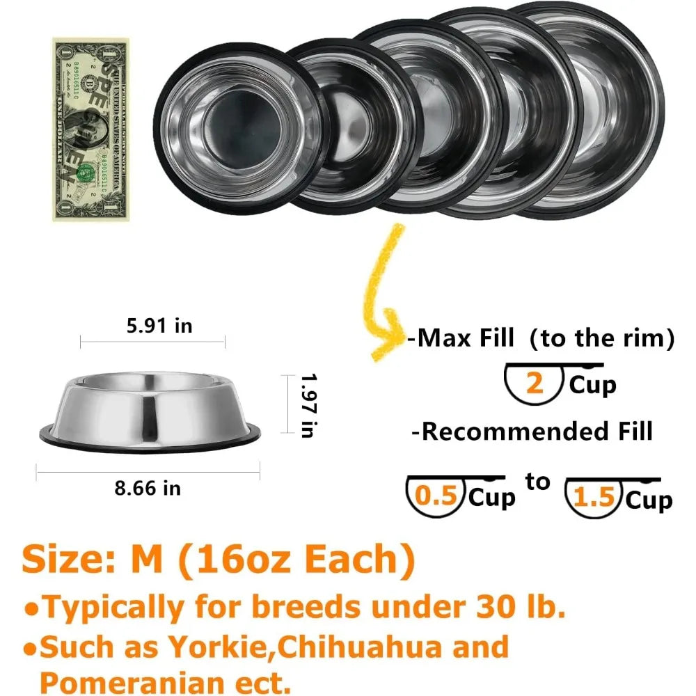 2 Pack Stainless Steel Dog Bowls with Rubber Bottom, Anti-Slip Heavy Duty Premium Quality Pets Feeder Bowls for Dogs and Cats an