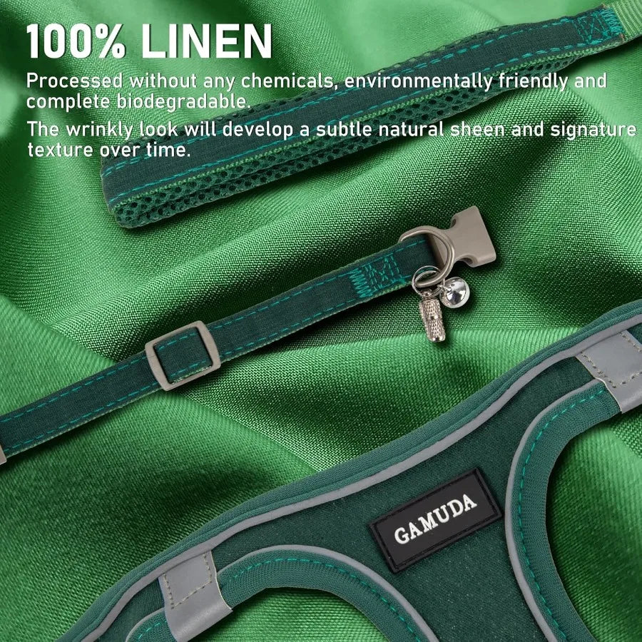 Small Pet Harness Collar and Leash Set for Dogs Puppy Cats Kitten Rabbit in Green Size S with Soft Mesh Linen Fabric Reflective