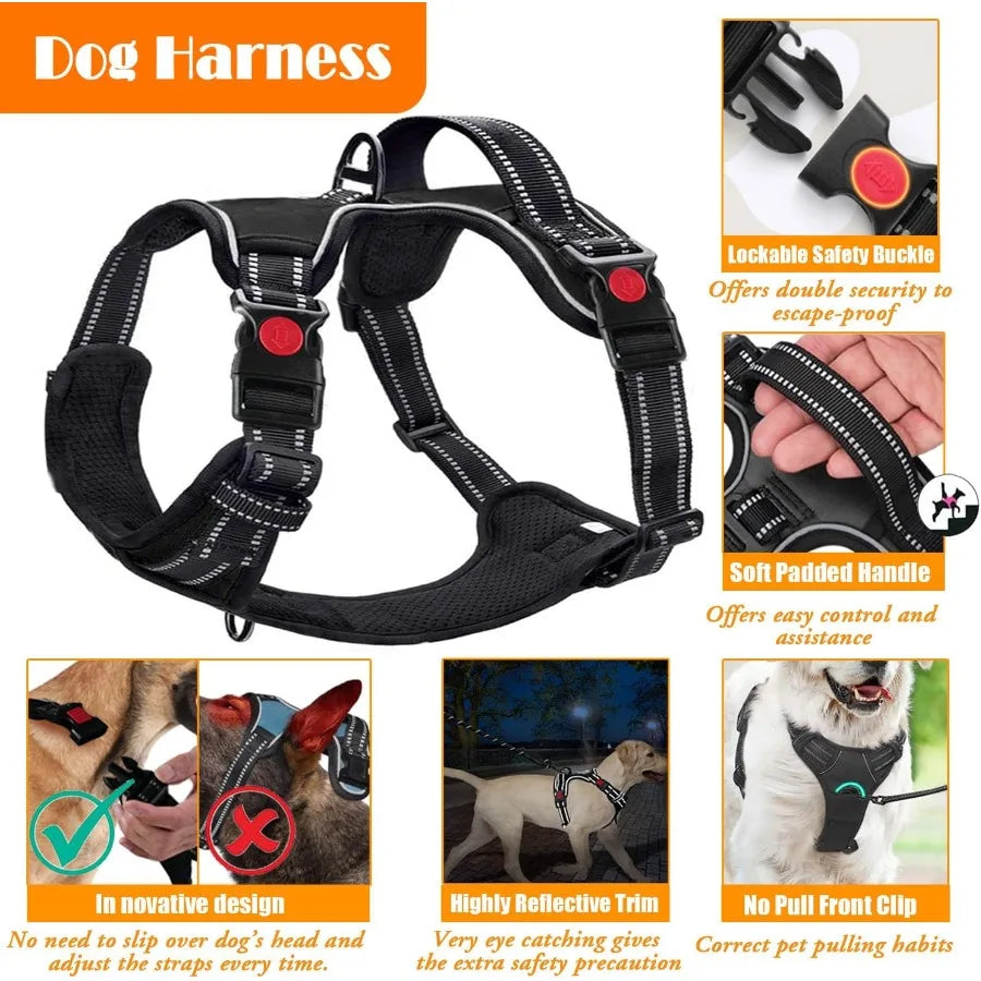 No Pull Dog Harness Collar Leash Set with Integrated Dog Seat Belt Collapsible Food and Water Bowls and Poop Bag Dispenser for