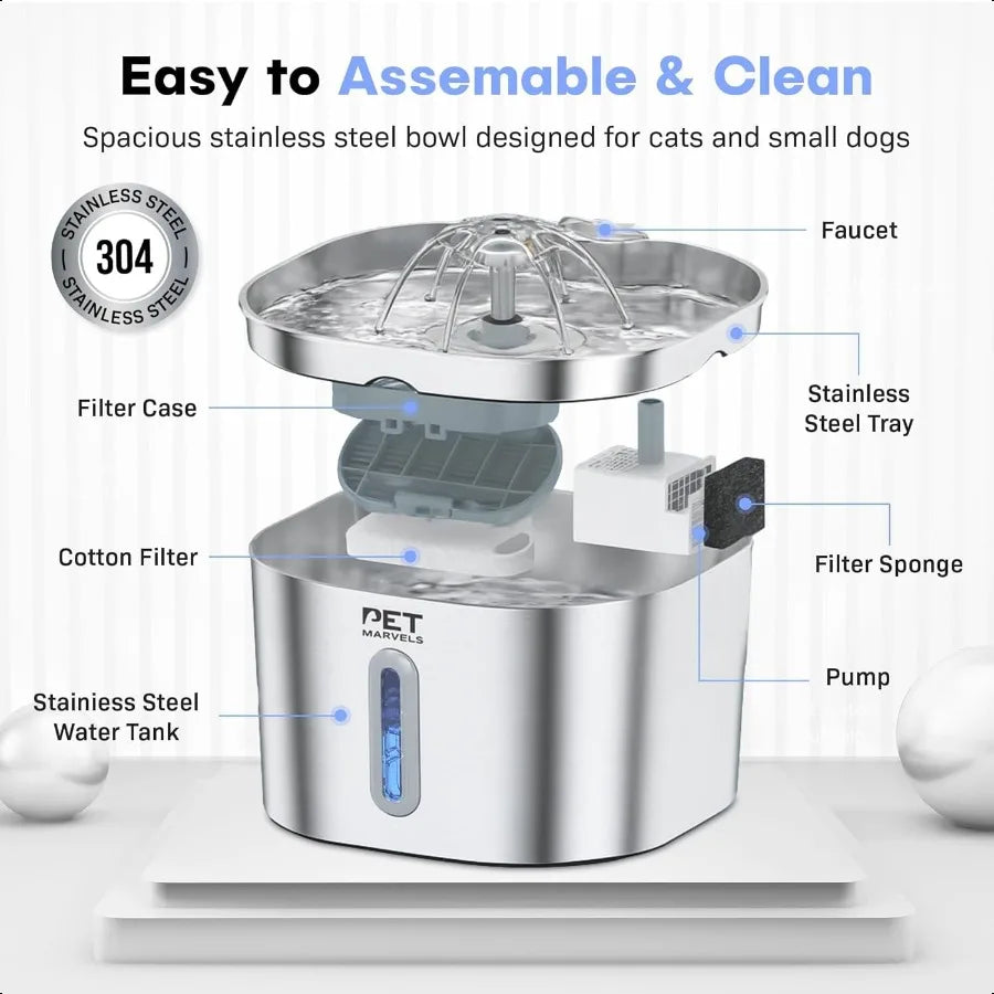 Stainl Steel Cat Water Fountain 2.2L 74oz UltraQuiet Pump Visible Water Level Dual Flow Modes Automatic Pet Water Dispenser for