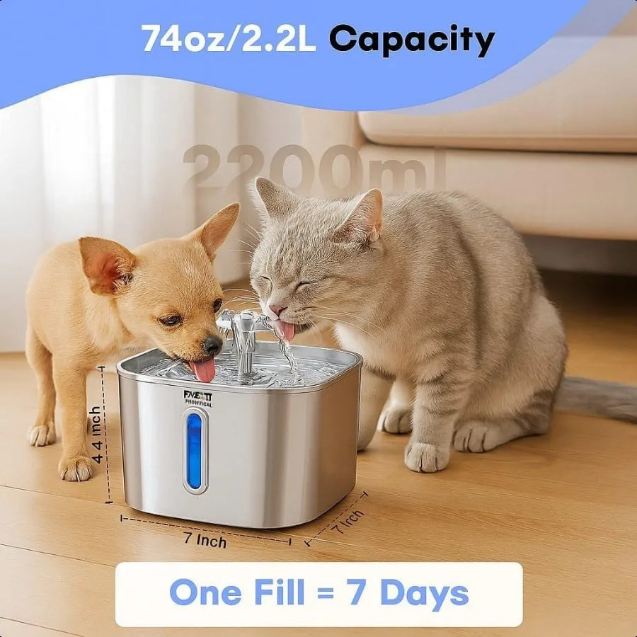 Stainl Steel Cat Water Fountain 2.2L 74oz UltraQuiet Pump Visible Water Level Dual Flow Modes Automatic Pet Water Dispenser for