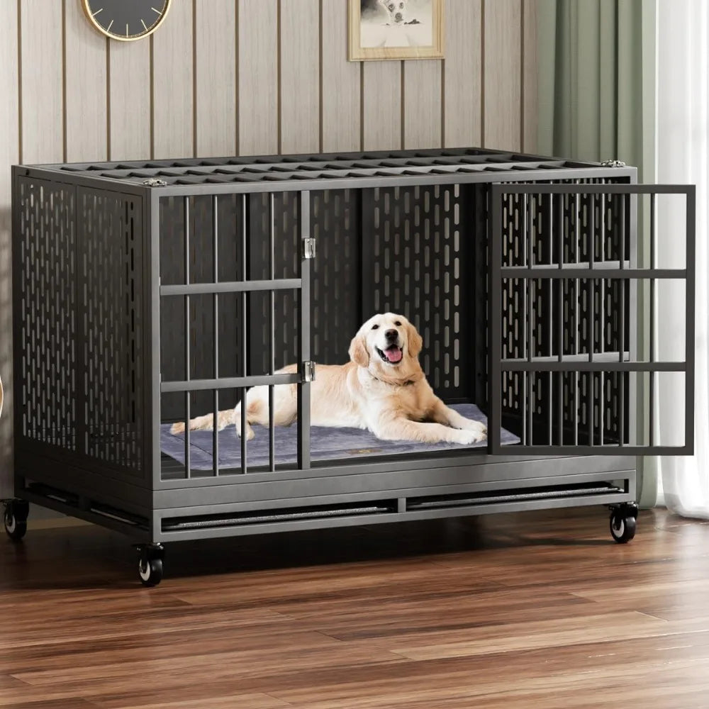 48/42/38 Inch Heavy Duty Dog Crate with Wheels, Folding Metal Big Dog Cage for Large and Medium Dogs,Indestructible Dog Crate