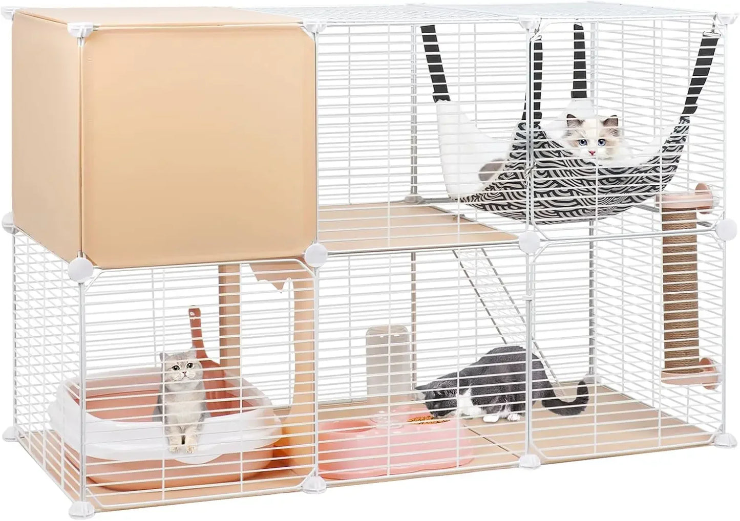 2-Tier Cat Cages Indoor, DIY Metal Wire Cat Kennel Enclosure Pet Home Small Animal House Detachable Cat Crate Indoor Catio with