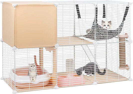 2-Tier Cat Cages Indoor, DIY Metal Wire Cat Kennel Enclosure Pet Home Small Animal House Detachable Cat Crate Indoor Catio with
