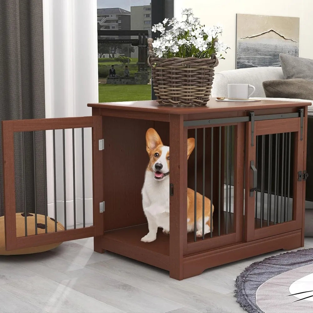 Solid Wood Dog Crate - Farmhouse Style Indoor Kennel for Small Dogs with Dual Door Access