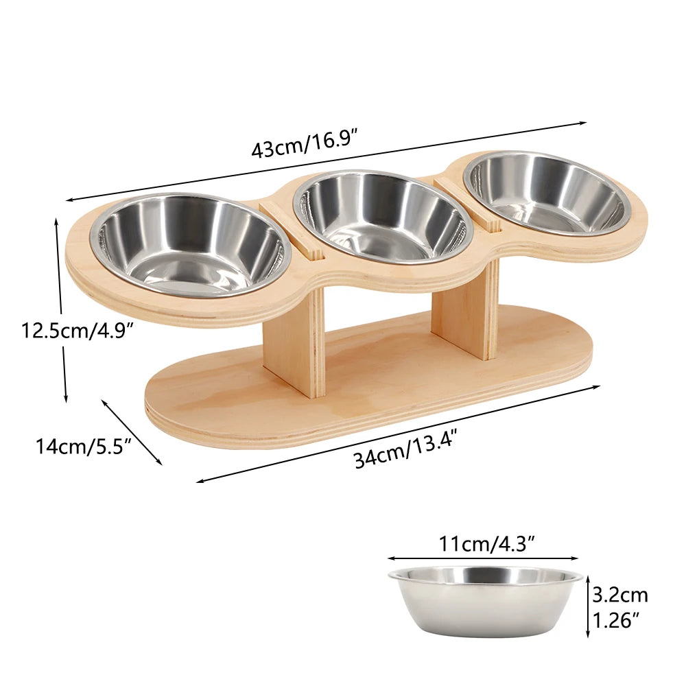 Cat 3 Bowls in 1 Feeder Feeding & Watering Supplies Food Bowl 15-Degree Tilt Raised 3 Stainless Steel Bowls Wood Brackets Puppy