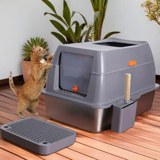 XXL Stainless Steel Cat Litter Box Enclosed Puppy Cat Litter Tray with Lid Large Litter Pan High Wall Side Easy Cleaning Toilet