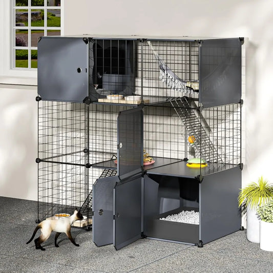 Cat Enclosure Cat Cage Indoor with Litter Box,3-Tier Large Playpen Catio Cat Cage Outdoor Cat Crate Detachable Metal Wire Kennel