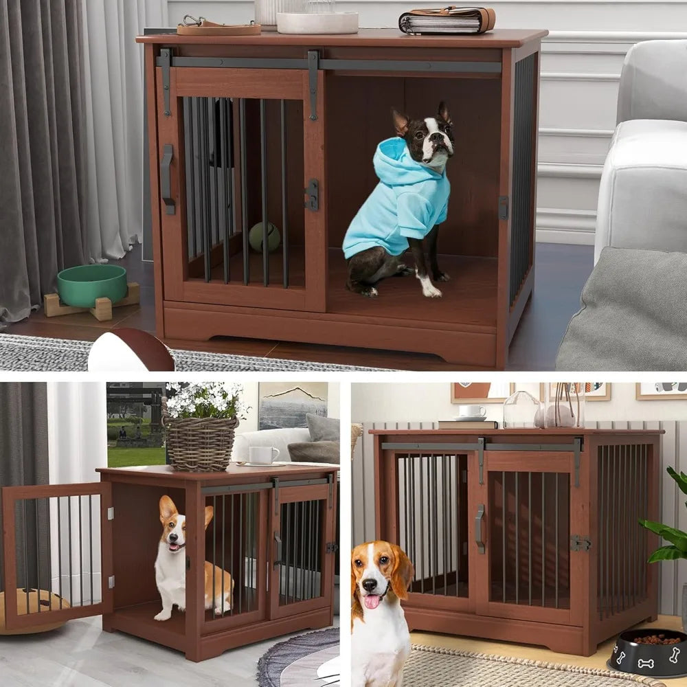 Solid Wood Dog Crate - Farmhouse Style Indoor Kennel for Small Dogs with Dual Door Access