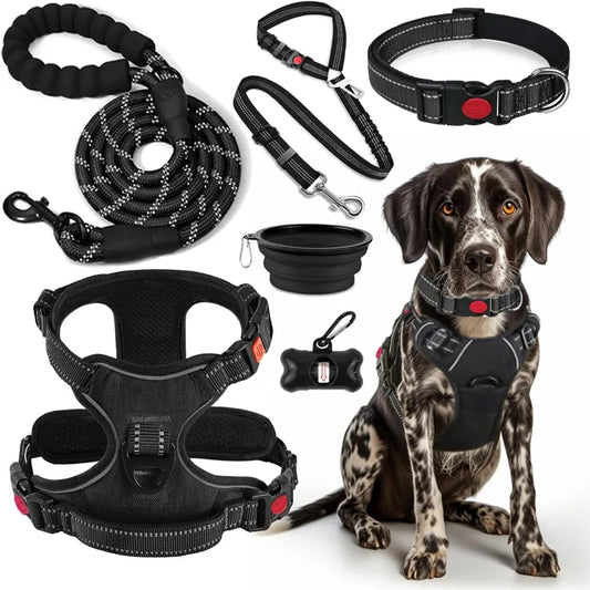 Hign-concerned No Pull Dog Harness Leash Set Integrated Seat Belt