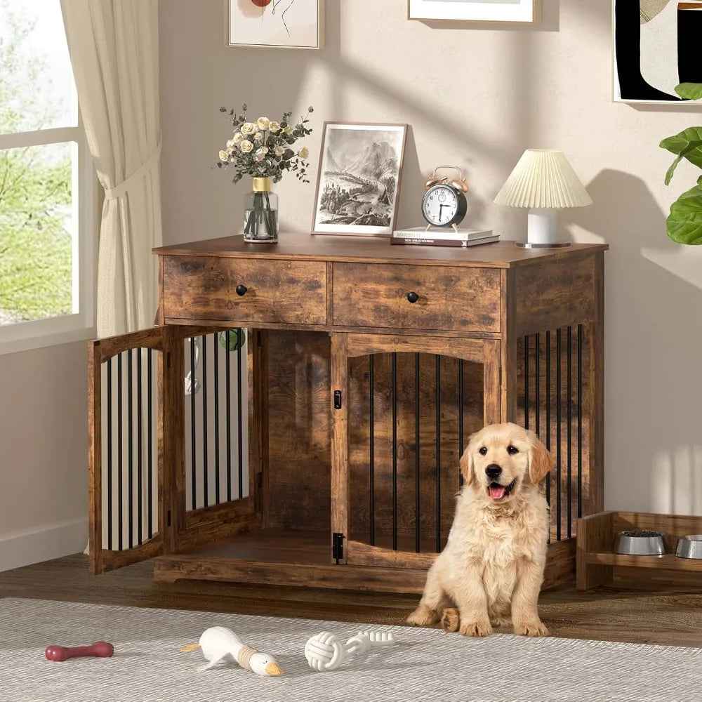 40 Inch Furniture-Style Dog Crate-Multipurpose Wood Pet Crate Furniture with Double Doors,2 Drawers, Decorative Dog House Indoor
