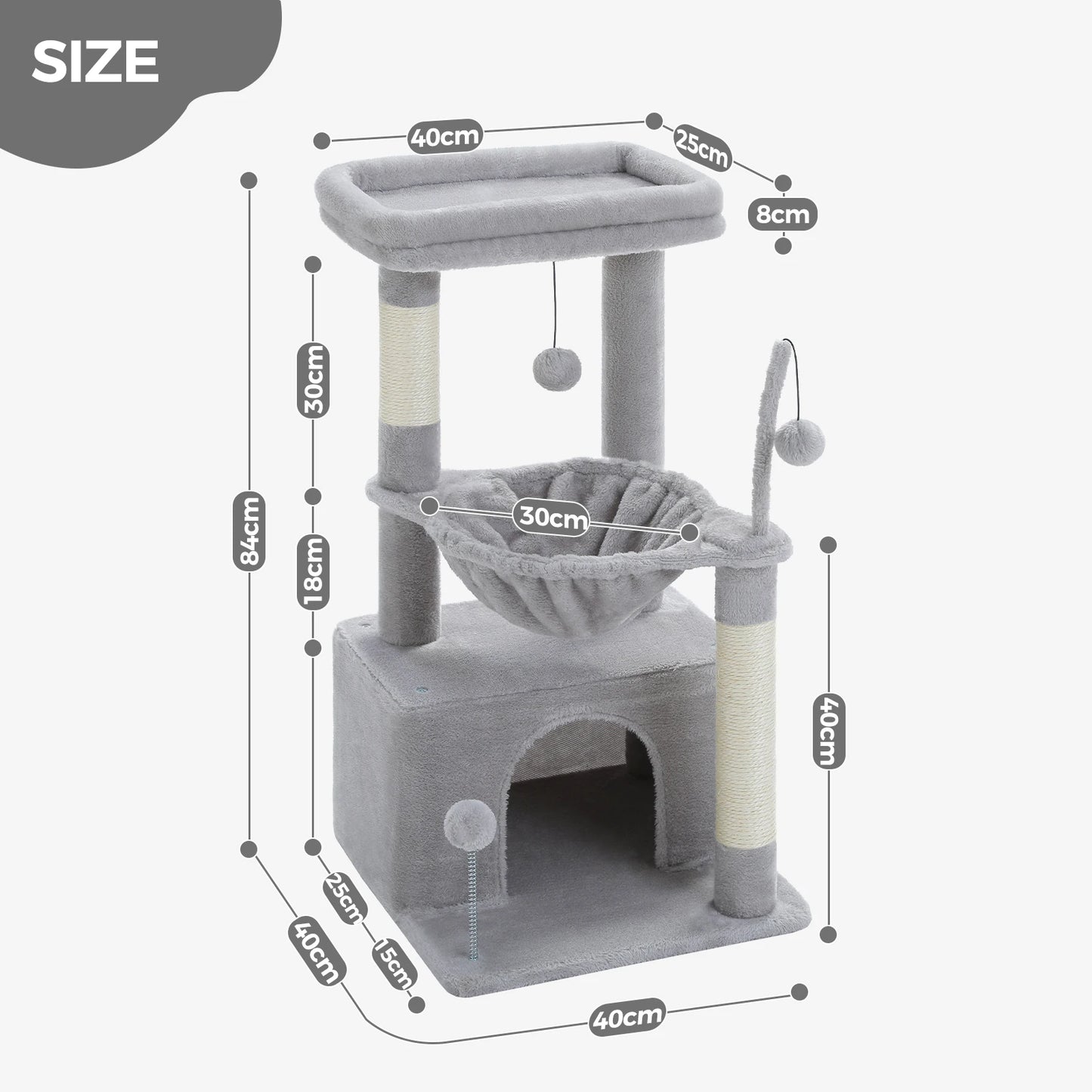 4-in-1 Cat Tree with Large Cat Condo, Sisal Scratching Post, Deep Hammock, Cozy Top Perch, Small Cat Tower for Indoor, Cat Toys