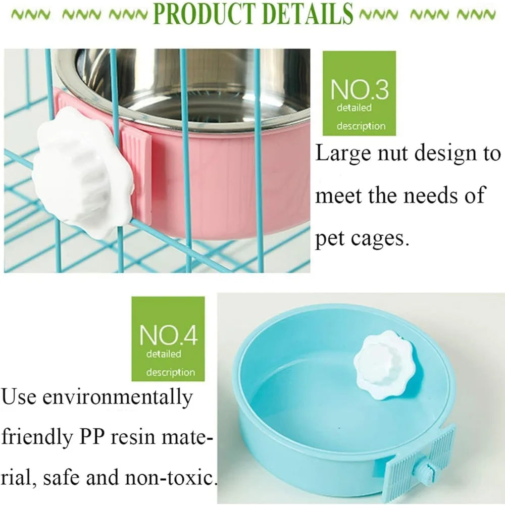 Crate Dog Bowl, Removable Stainless Steel Hanging Pet Kennel Cage Bowl Food & Water Feeder Coop Cup for Puppy, Cat, Rabbit,Guin