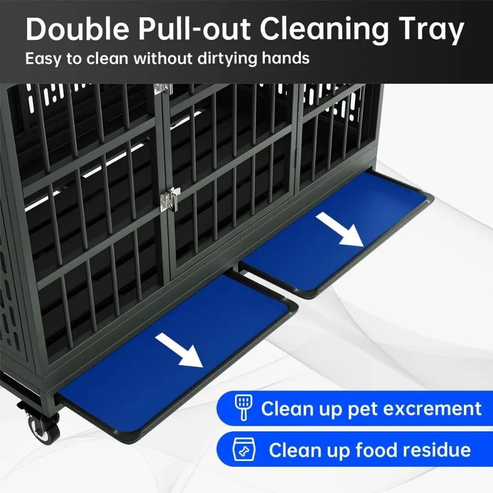 48/42/38 Inch Heavy Duty Dog Crate with Wheels, Folding Metal Big Dog Cage for Large and Medium Dogs,Indestructible Dog Crate