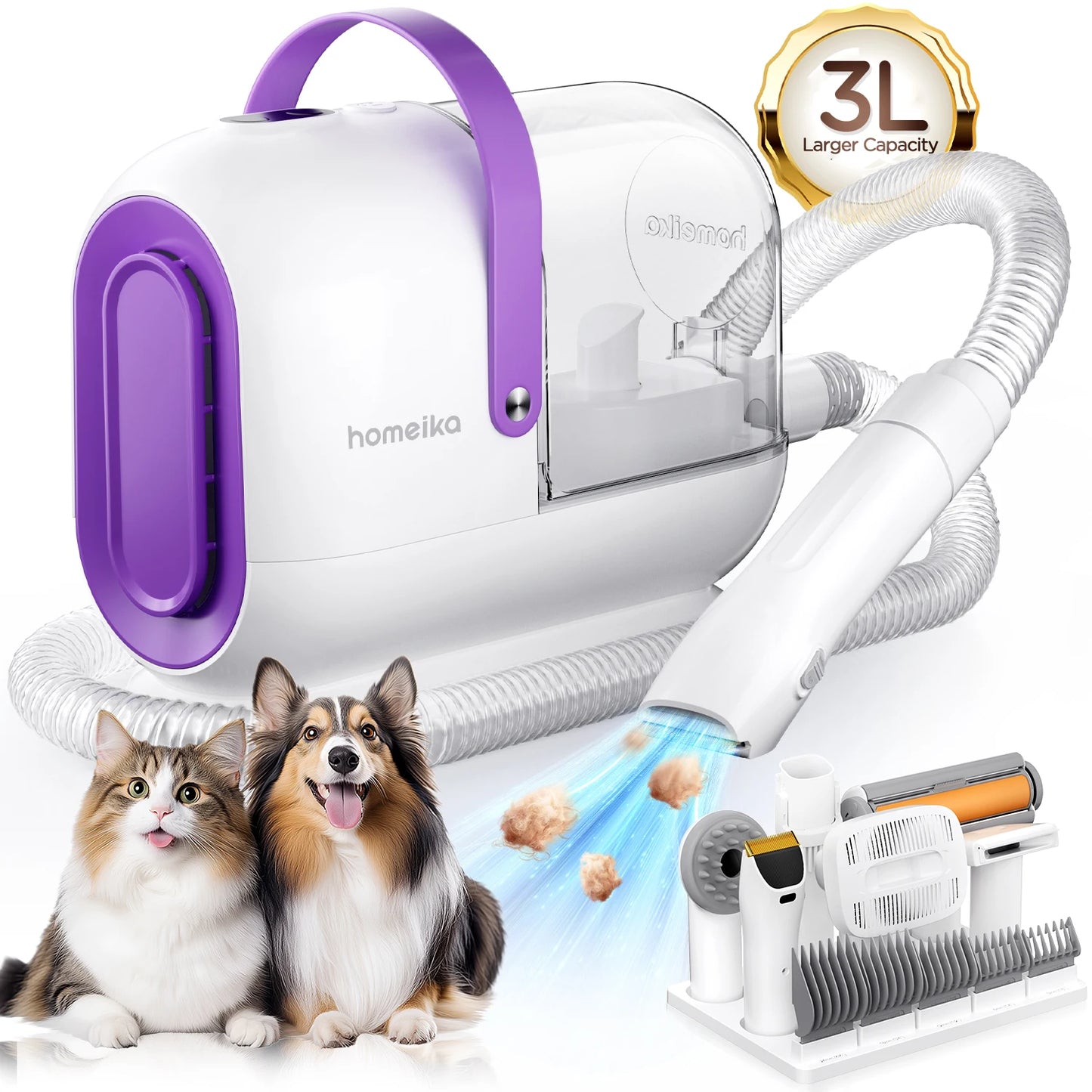 Homeika Dog Grooming Kit,3L Dog Hair Vacuum with 99% Pet Hair Suction Power,Silent Pet Vacuum Groomer,Dog/Cat Hair Removal Brush