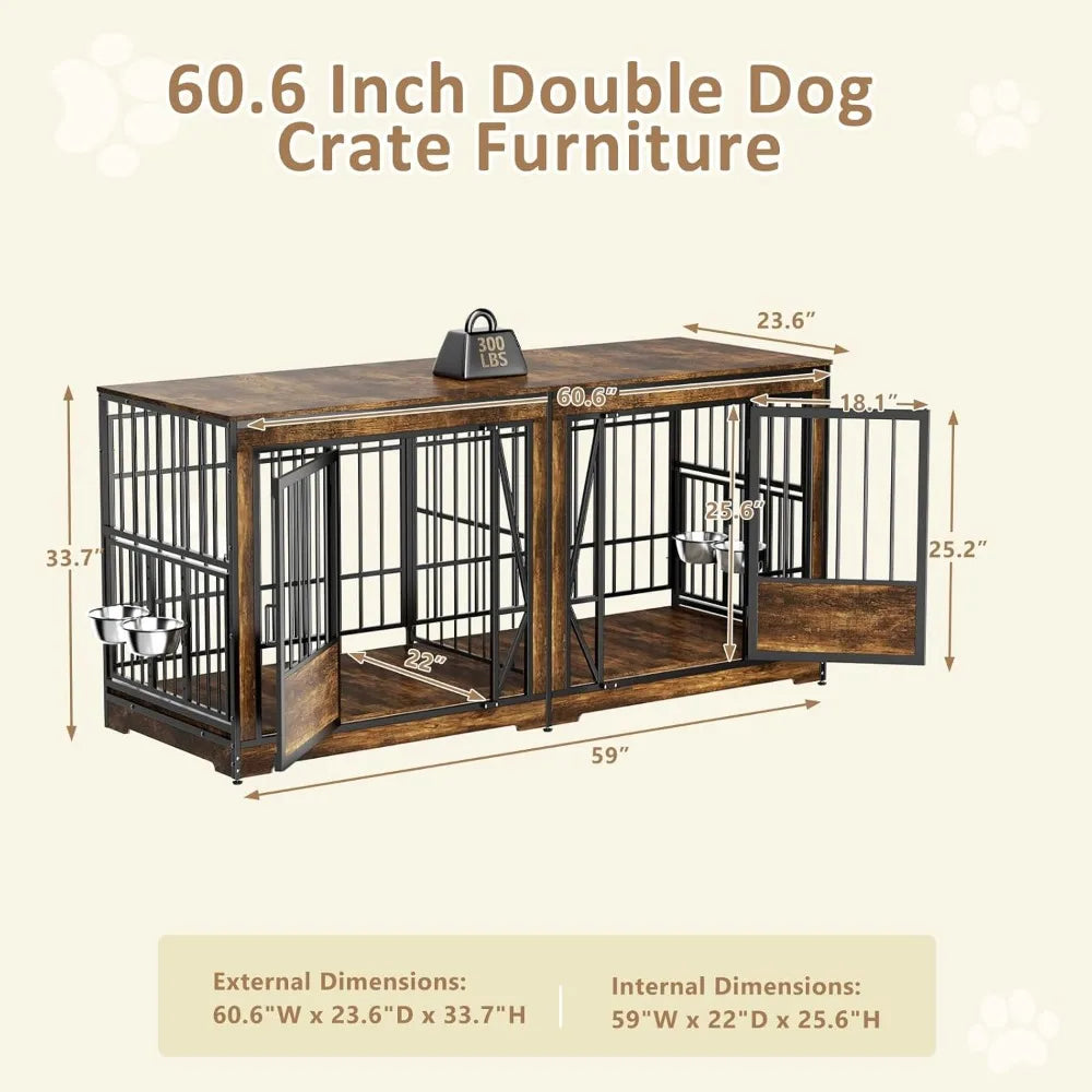 61'' Double Dog Cage Furniture for 2 Dogs, TV Stand Dog Kennel , Heavy Duty Double Dog Crate Furniture Indoor with 4 Bowls,