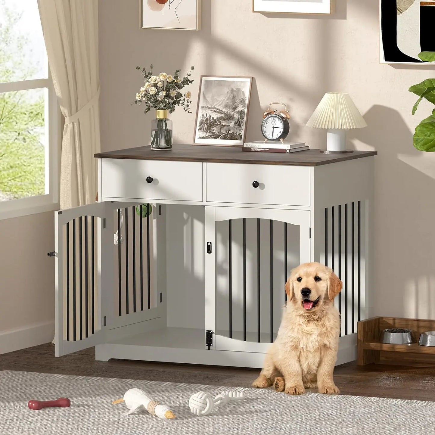 40 Inch Furniture-Style Dog Crate-Multipurpose Wood Pet Crate Furniture with Double Doors,2 Drawers, Decorative Dog House Indoor
