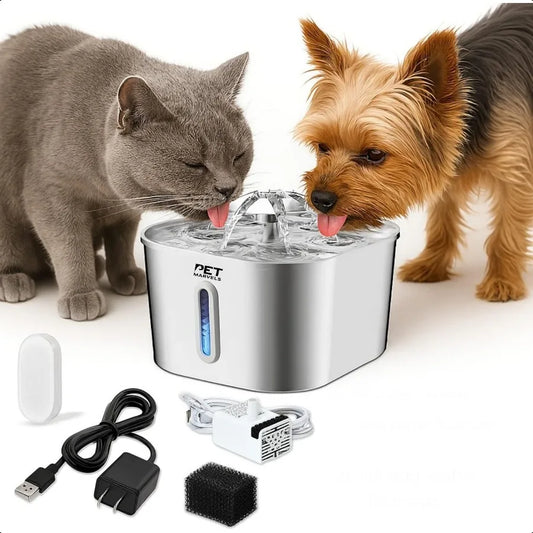 Stainl Steel Cat Water Fountain 2.2L 74oz UltraQuiet Pump Visible Water Level Dual Flow Modes Automatic Pet Water Dispenser for