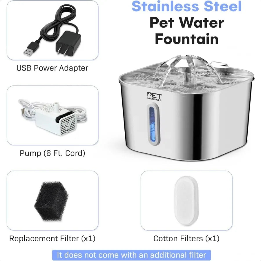 Stainl Steel Cat Water Fountain 2.2L 74oz UltraQuiet Pump Visible Water Level Dual Flow Modes Automatic Pet Water Dispenser for