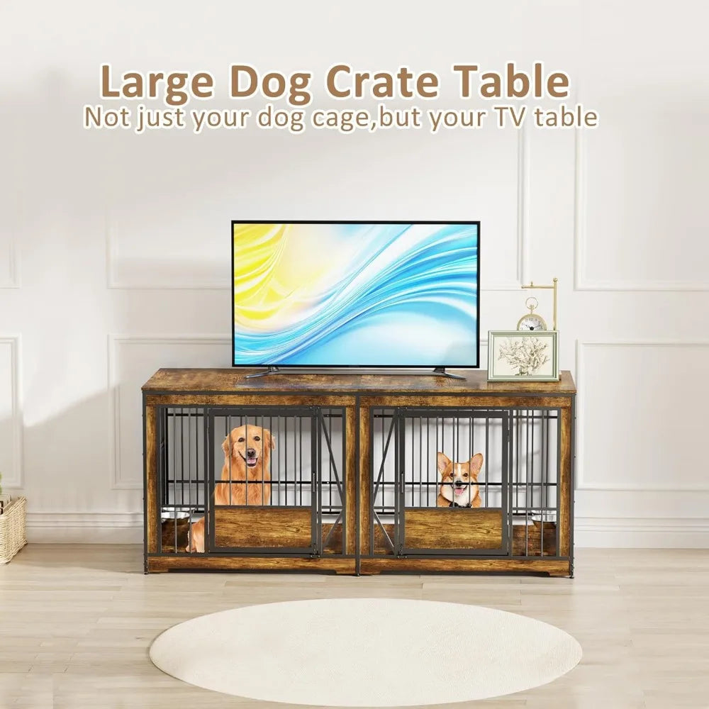 61'' Double Dog Cage Furniture for 2 Dogs, TV Stand Dog Kennel , Heavy Duty Double Dog Crate Furniture Indoor with 4 Bowls,