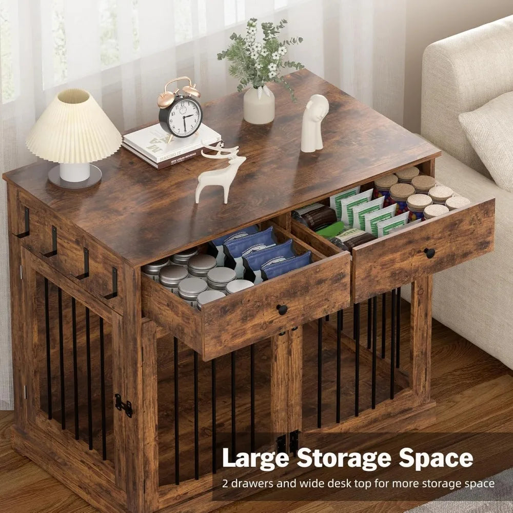 40 Inch Furniture-Style Dog Crate-Multipurpose Wood Pet Crate Furniture with Double Doors,2 Drawers, Decorative Dog House Indoor
