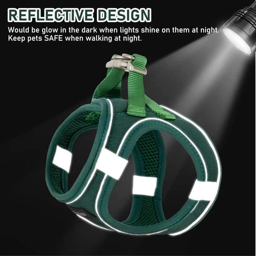Small Pet Harness Collar and Leash Set for Dogs Puppy Cats Kitten Rabbit in Green Size S with Soft Mesh Linen Fabric Reflective