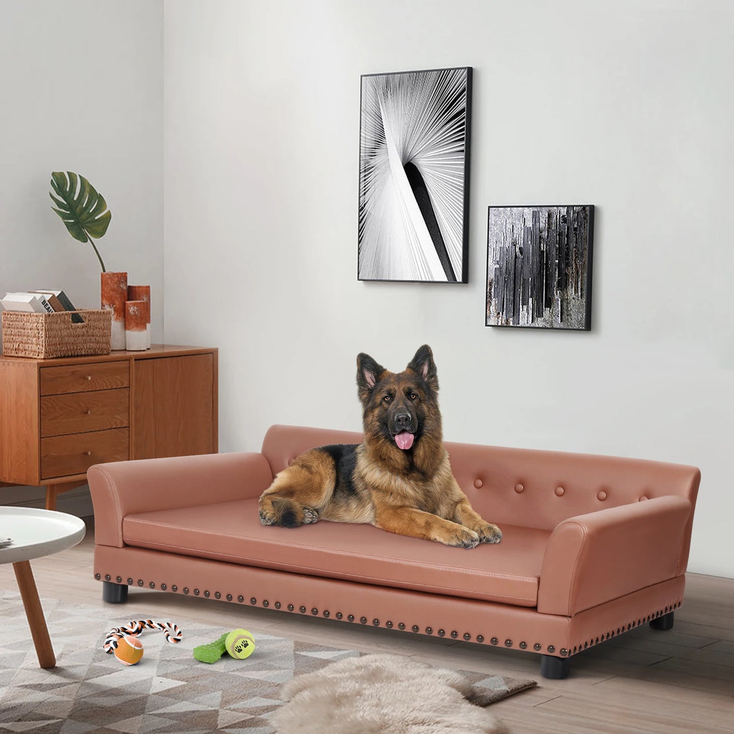 Dog Couch,Puppy Bed,Cat Sofa,Cat Couch,Pet Sofa,Dog Chair,Small Pet Bed Wooden Frame, Leather Fabric and Cushion Animals Using