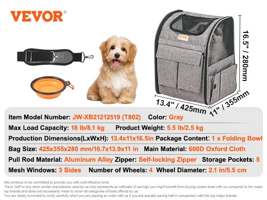 SucceBuy Pet Cat Carrier Breathable Outgoing Dog Carry Backpack with Telescopic Handle Wheels and Shoulder Strap for Travel Trip