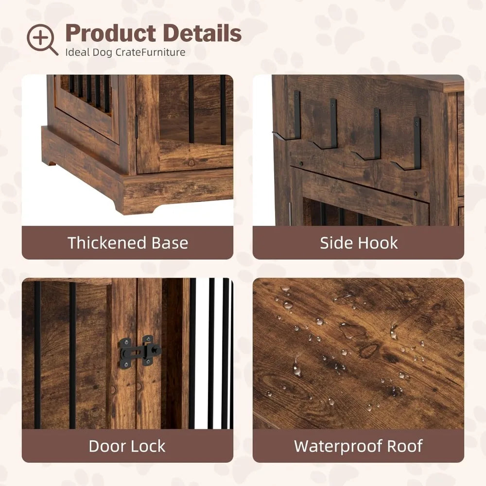 40 Inch Furniture-Style Dog Crate-Multipurpose Wood Pet Crate Furniture with Double Doors,2 Drawers, Decorative Dog House Indoor