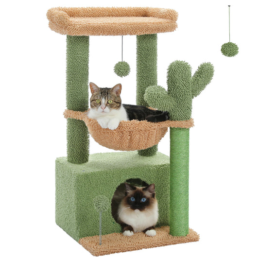 4-in-1 Cat Tree with Large Cat Condo, Sisal Scratching Post, Deep Hammock, Cozy Top Perch, Small Cat Tower for Indoor, Cat Toys