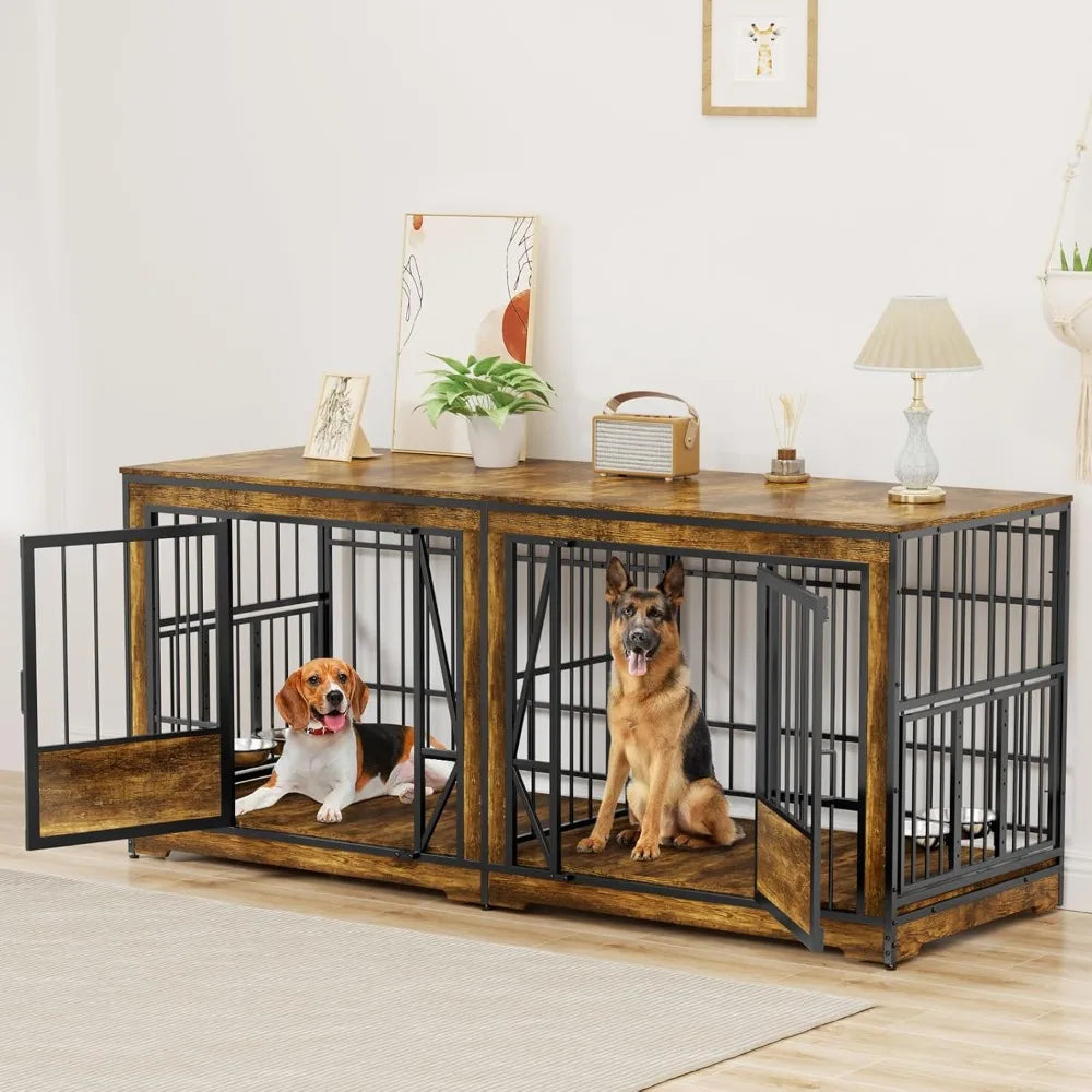 61'' Double Dog Cage Furniture for 2 Dogs, TV Stand Dog Kennel , Heavy Duty Double Dog Crate Furniture Indoor with 4 Bowls,