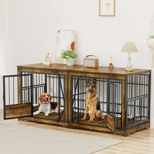 61'' Double Dog Cage Furniture for 2 Dogs, TV Stand Dog Kennel , Heavy Duty Double Dog Crate Furniture Indoor with 4 Bowls,